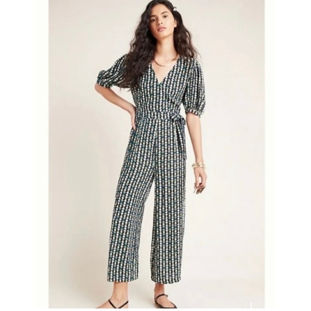 Anthropologie X Kachel Jumpsuit Evie Abstract Boho Size 2 Wedding Guest Greens